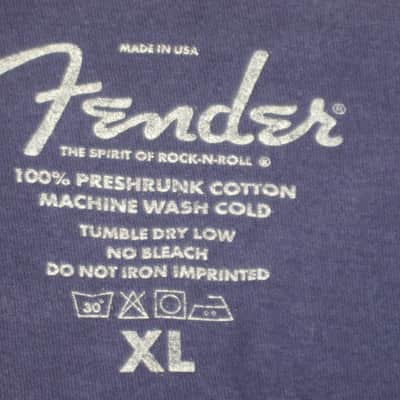 pre-owned / worn genuine Fender - Fender Factory Tour (Corona, California USA) - short sleeve T-Shirt, Men's X-Large (XL) Navy Blue with Creme & Gray Graphic, 100% preshrunk cotton, late 2000s to early - mid 2010s image 4