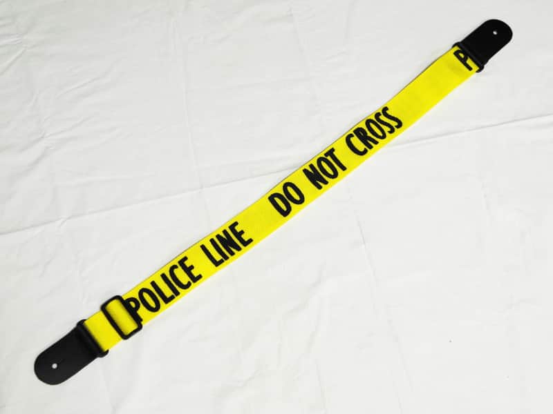 Police Line DO NOT CROSS guitar strap - Yellow Nylon - Leather ends -Made in USA Fort Bryan? image 1