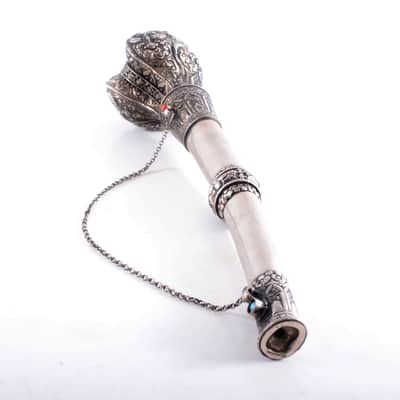 Antique Tibetan Ceremonial Hand Carved Silver Trumpet - Buddhist - Mus. Instrument - Monastery Religious Horn - Artifact - Bone Kangling - Shaman - Nepal image 13