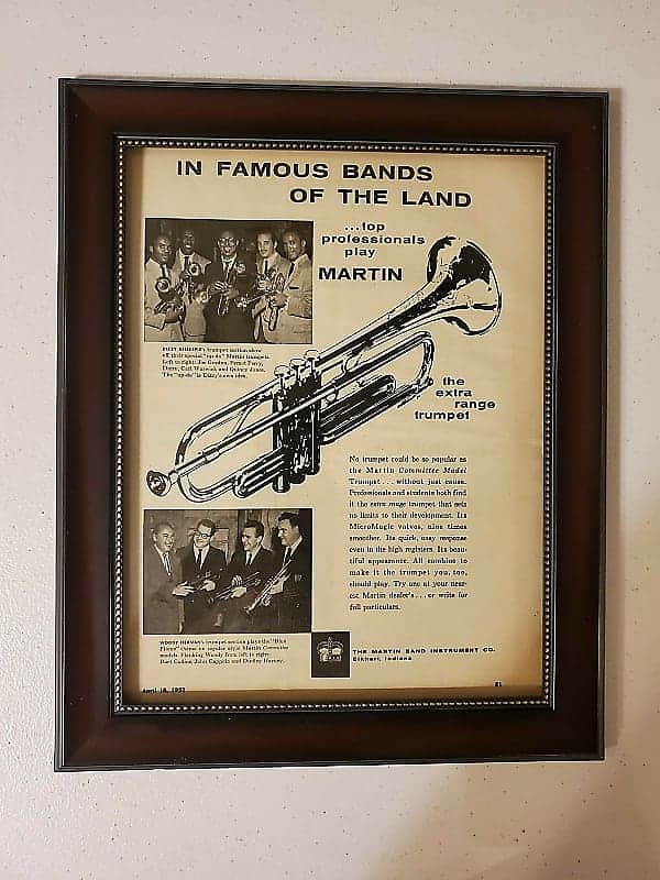 1957 Martin Horns  Promotional Ad Framed Dizzy Gillespie, Woody Herman Martin Extra Range Trumpet image 1