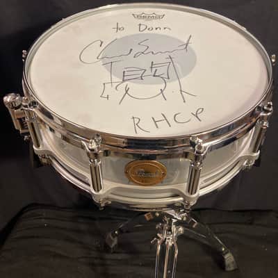 Chad Smith's Pearl 14x5" Custom Red Hot Chili Peppers Logo, 2011 World Tour Snare Drum. Clear Acrylic, With SIGNED HEAD! image 4