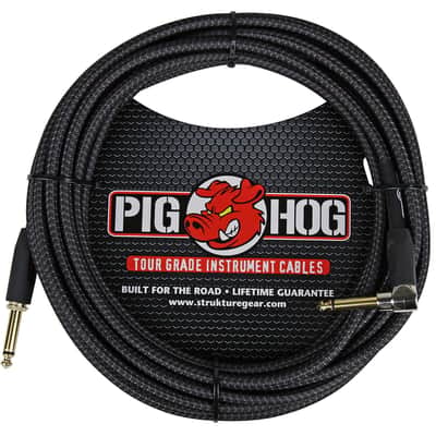 Pig Hog - PCH20BKR PC-H20BKR Right-Angle 1/4" to 1/4" Black Woven Guitar Instrument Cable, 20 Feet image 1