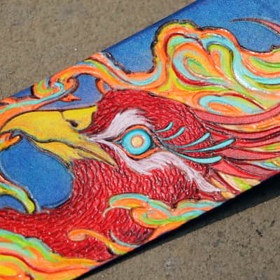 Burny Black handmade guitar strap leather - phoenix red/blue made to order - oil image 7