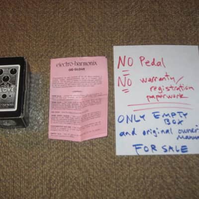 lightly handled Electro-Harmonix EMPTY CARDBOARD BOX and original Owner's Manual ONLY for OD Glove Overdrive (NO pedal, NO warranty / registration paperwork) 2010s - BOX: cardboard - OUTER AREAS: gray // GRAPHIC: black & white, also purple & white image 1