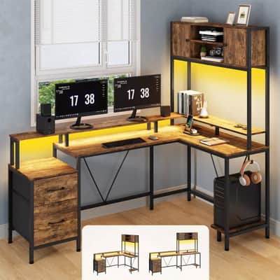 L-Shaped Music Studio Desk with LED Lights, File Drawer & Monitor Shelf - Ultimate Workspace for Two image 7