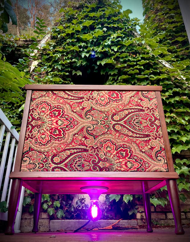 Rotary Connection 1x12 light up loaded guitar speaker cab on legs! Vintage 8 ohm speaker. Semi open. Quality hardwoods. Vintage MCM style. Paisley grill cloth. Heavy duty Switchcraft jack. 2026 - Wood image 1