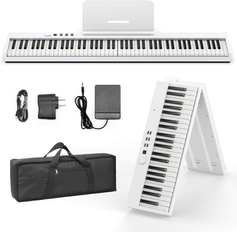 88 Key Keyboard Piano Portable Folding Piano with Semi-Weighted Keyboard, 128 Tones, USB MIDI, Sustain Pedal, Music Stand for Beginners Gifts, White image 1