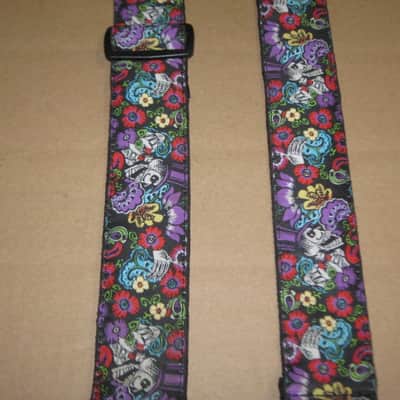 lightly used Perri's 2" Floral Skulls Jacquard Guitar Strap, TWS-7274, Floral Skulls High Quality Jacquard Ribbon Sewn on Tubular Webbing with Leather Ends, Adjustable length 39" to 58" (from early 2020s) image 16
