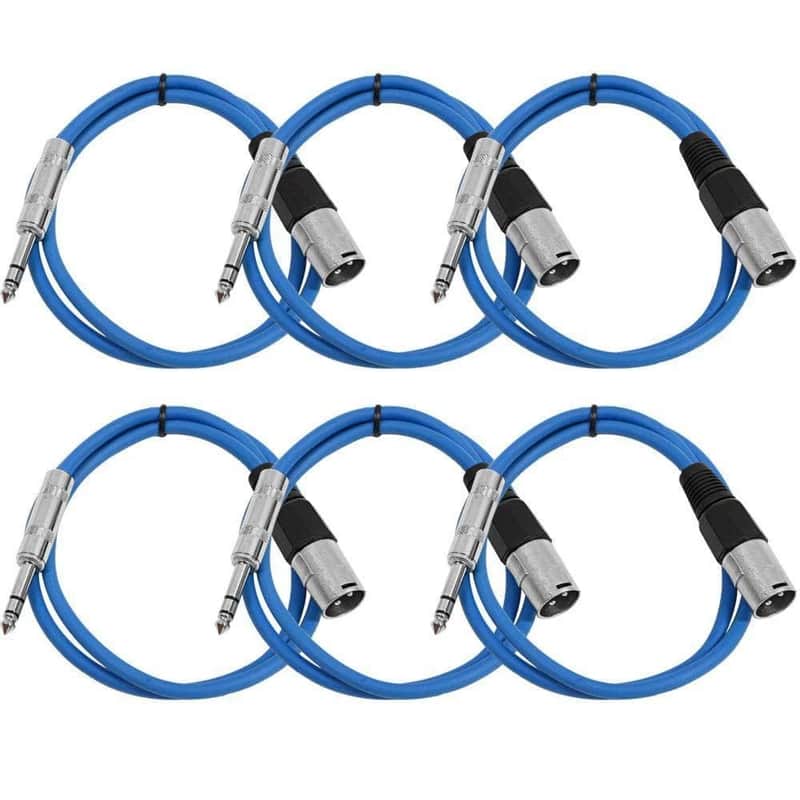 6 Pack Blue 3' XLR Male to TRS Patch Cables Audio Patch Leads image 1