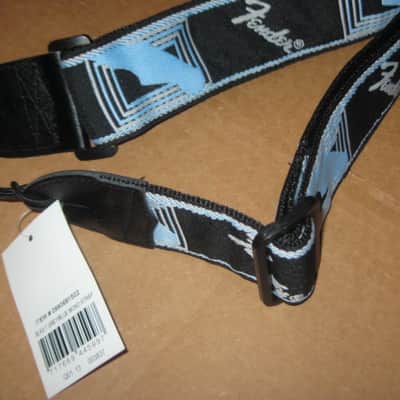 new with tags genuine Fender 2" Monogrammed Guitar Strap Black, Light Gray, and Light Blue - Fender part number: 099-0681-502, Fully adjustable length (39"-72") Woven Fender logo and guitar headstock design, polyester backing, black leather ends image 20