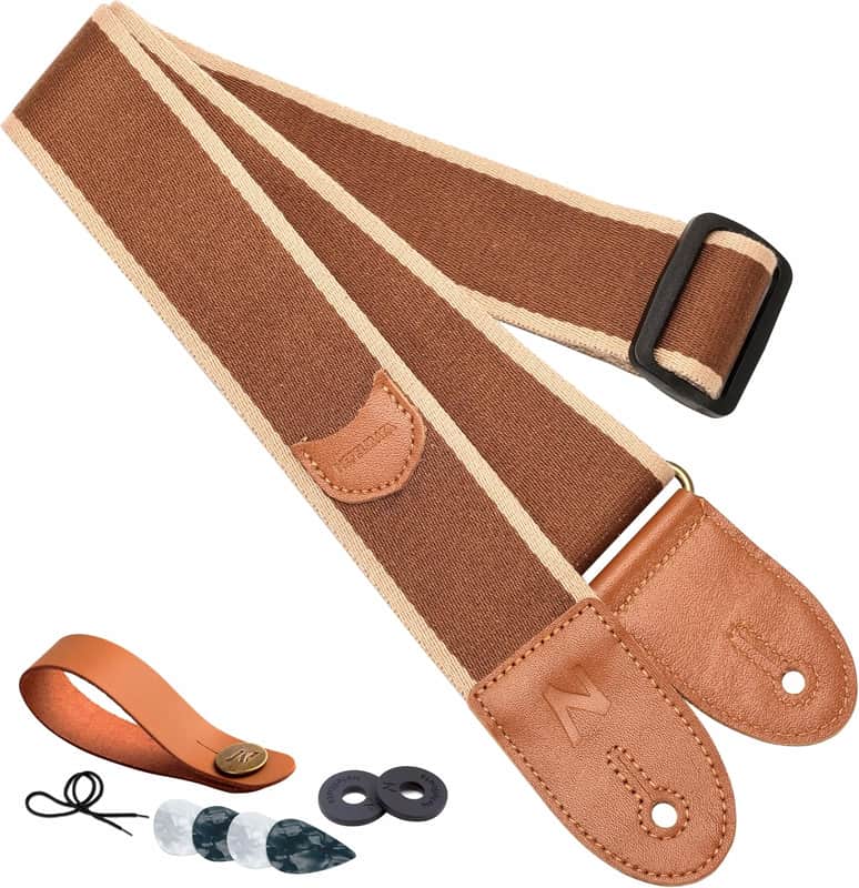 Guitar Strap, Cotton Full Grain Leather Ends Guitar Straps with Pick Pocket for Bass, Electric & Acoustic Guitar, Come with Free Strap Button, 1 Pair Strap Locks and 4 Guitar Picks image 1