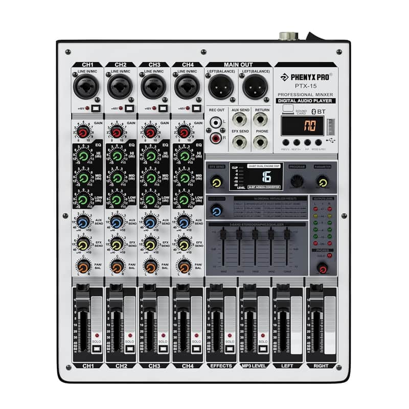 Professional Audio Mixer, Sound Console W/Usb Audio Interface, 4-Channel Sound Board Dj Mixer W/Stereo Equalizer, 16 Dsp Effects, Suitable For Stage, Live Gigs, And Karaoke (Ptx-15) image 1