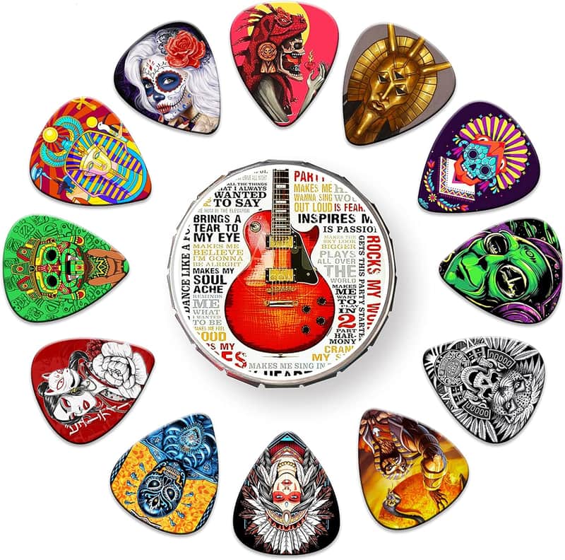 Guitar Picks 24 Pack Thin, Medium, Heavy & Extra Heavy Picks with Tin Box,Variety Pack Artistic Celluloid Guitar Pick for Bass Electric Guitar Acoustic Guitar Lovers Gift (Mix-4) image 1