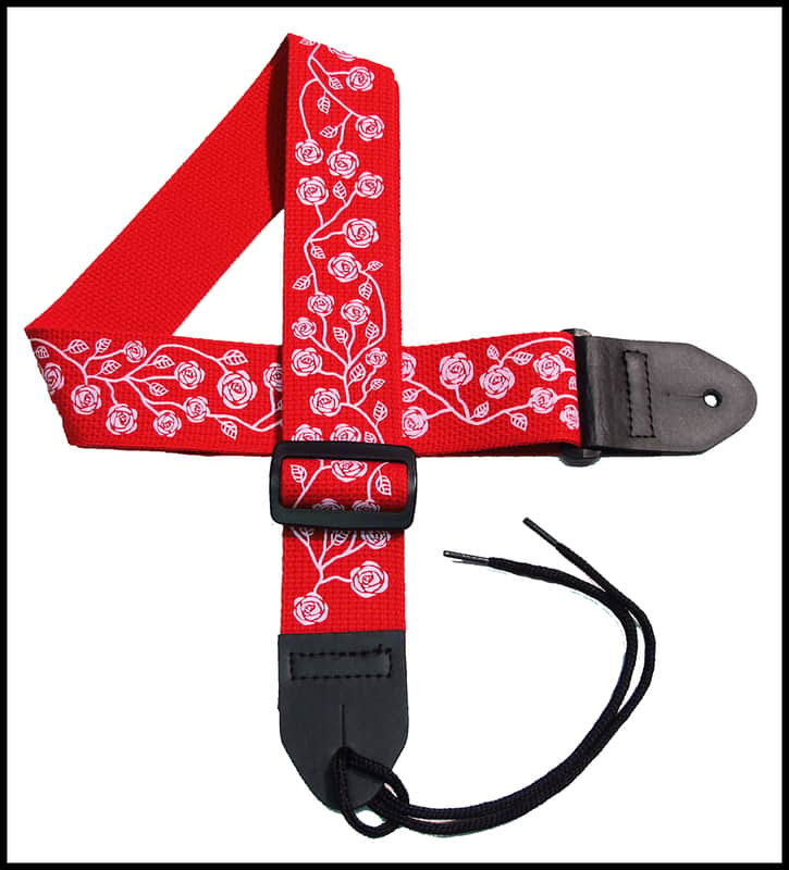 Girls Guitar Strap 2" Cotton Guitar Strap with Pastel Pink Roses on a Red Strap image 1