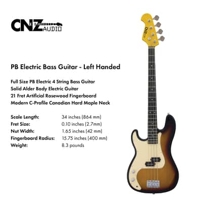 CNZ Audio PB Left Handed Electric Bass Guitar - Rosewood Fingerboard, Maple Neck, Sunburst image 4