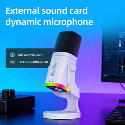 USB/XLR Desktop Dynamic Microphone with RGB Light, Noise Reduction & Mute Button for Podcast Recording, PC Computer Gaming Streaming Mic with RGB Light, Mute Button, Headphones Jack (White) image 3