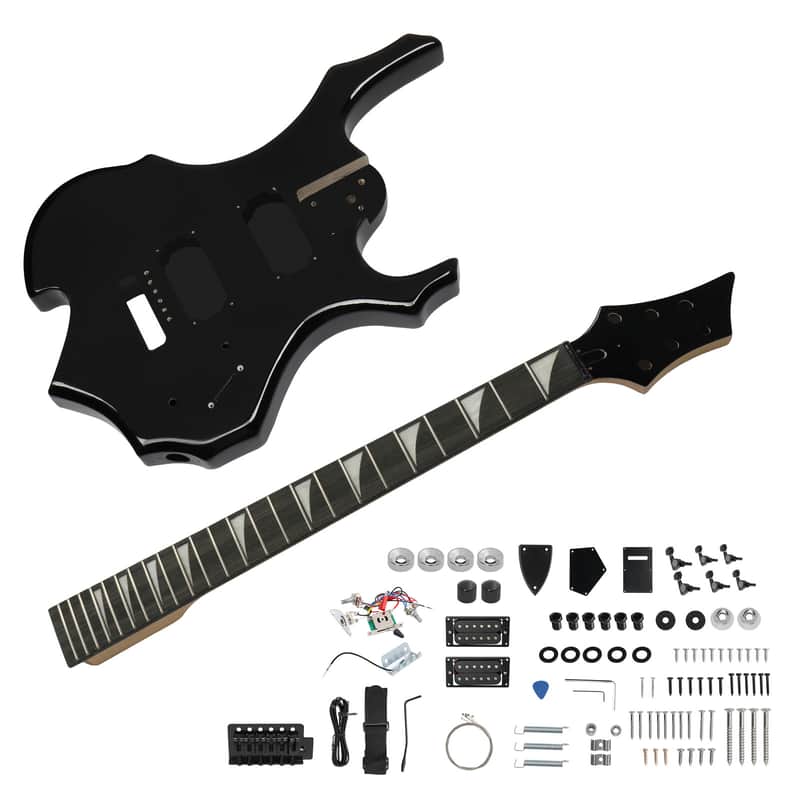 Cxxss DIY 6 String Flame Shaped Style HSH Electric Guitar Kits with Mahogany Body, Maple Neck and Accessories - Black image 1