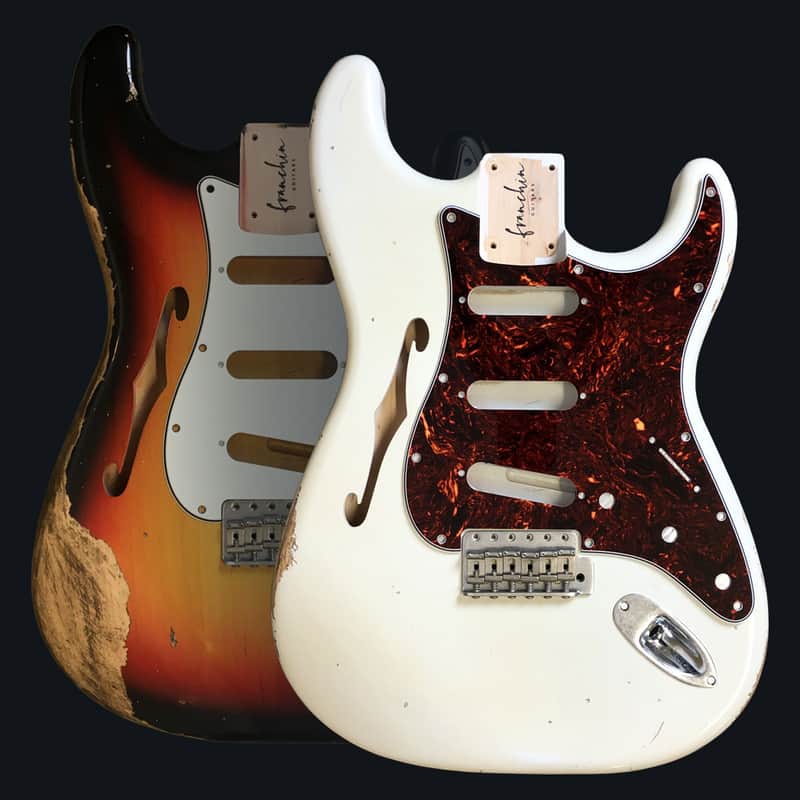 Made to Order - FRANCHIN Mercury F guitar body Relic Aged 100% Nitro Lacquer (Sunburst/ Black/ White/ Blue/ Green/ Yellow/ Red/ Pink/ Burgundy/ Purple/ Gold/ Silver, etc.) Basswood Poplar Stratocaster-Strat-S-Style F-hole Thinline Made in Italy image 1