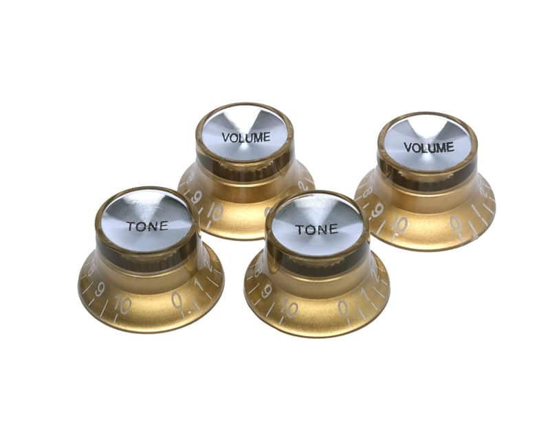 Metric Size 18 Spline Top Hat Bell Reflector 2 Volume 2 Tone Knobs Set For Epiphone Les Paul Sg Electric Guitar Asia Import Guitar Bass Split Shaft Pots (Gold) image 1