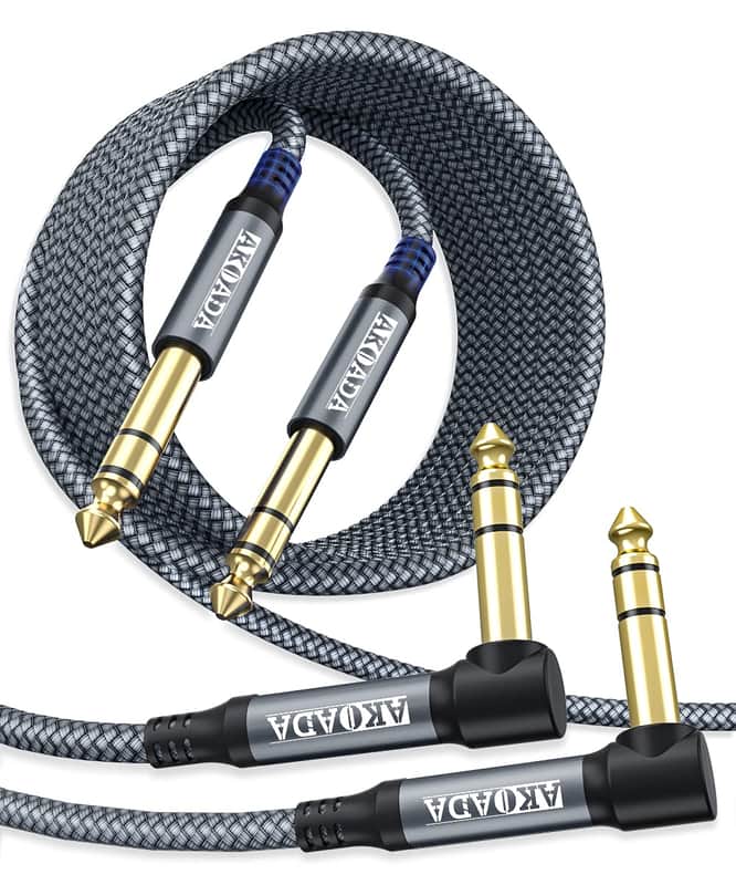 2 Pack 10ft 1/4 Inch TRS Cables | Right Angle 6.35mm Audio Cords for Guitar Bass Keyboard Mixer Amp and Speaker image 1