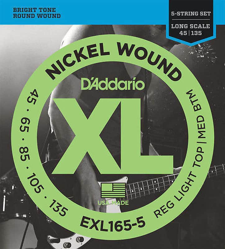 D'Addario EXL165-5 Nickel Wound Long Scale Bass Guitar Strings, Custom Light Top / Medium Bottom Gauge image 1