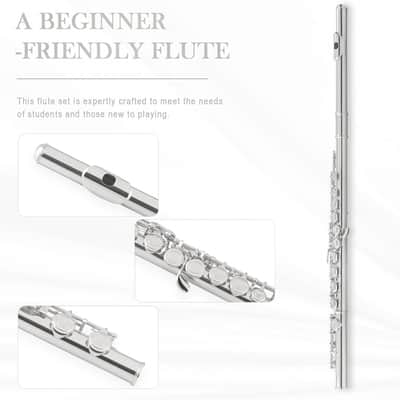 Closed Hole 16 Keys Flute, Silver-plated C Flutes for Beginner Student, Flute Instrument with Cleaning Kit, Carrying Case, Gloves, Tuning Rod image 3