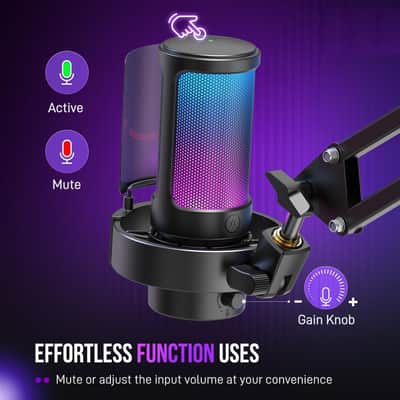 USB Gaming Microphone Kit, PC Streaming Mic with RGB Lights, Mute, Gain Knob, Metal Boom Arm for Recording Podcast, Condenser Computer Microphone Set image 2