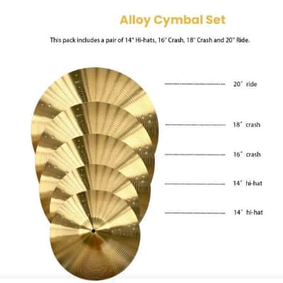 Alloy Cymbal Pack, 5 Pieces Drum Cymbals Set 14"Hi-hats/16"Crash/18"Crash/20"Ride Cymbals for Drum Set image 2