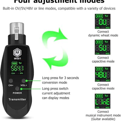 UHF Wireless XLR Transmitter and Receiver with 48V Power Supply,Rechargeable Mic Adapter 16 Channels 196ft Range for Dynamic/Condenser Mics,Audio Mixer,Electric Guitar Bass,PA System image 2