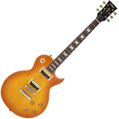 Vintage V100T ReIssued Electric Guitar ~ Flamed Thru Honeyburst image 1