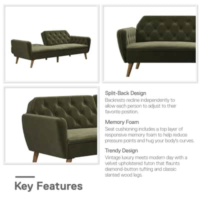 Vintage Music Studio Memory Foam Futon, Convertible Couch, Green Velvet image 2