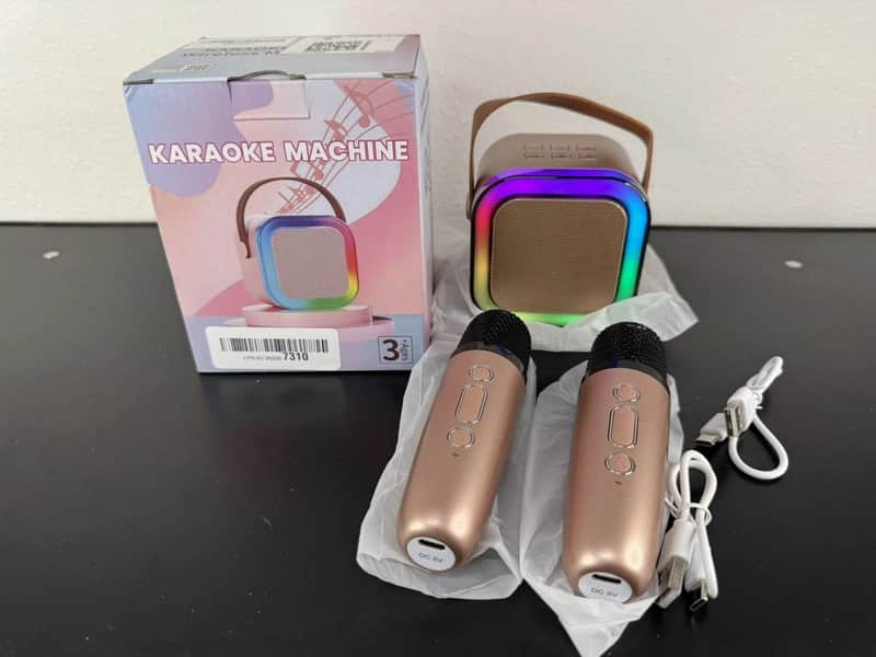 Mini Karaoke Machine – Rose Gold Bluetooth Speaker with 2 Wireless Mics & Colorful Lights image 1