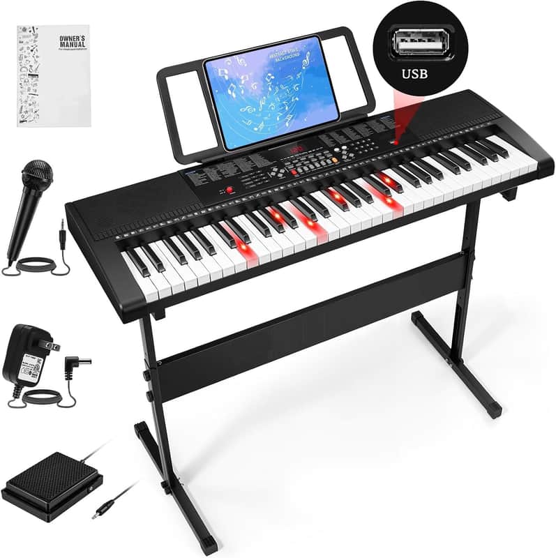 Electric Piano Keyboard 61 Light Up Keys Full Size with Stand, Black | Lighted keys, 3 learning modes, height adjustable durabl stand, headphone/ USB port, for beginners kids girls teens adults image 1
