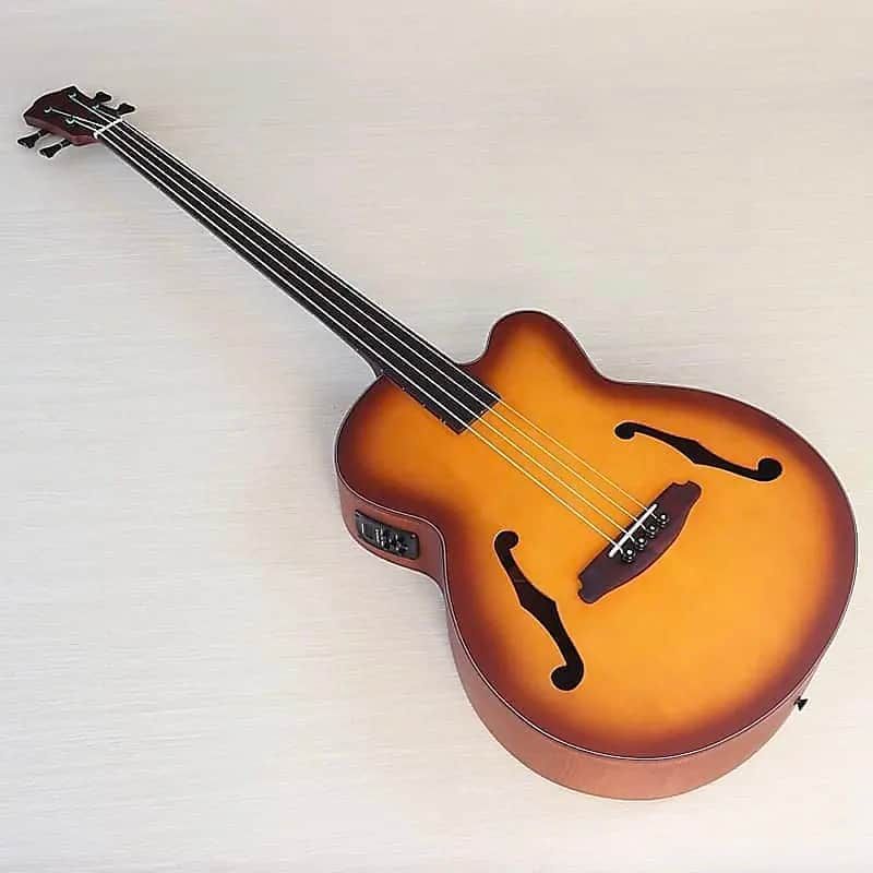 Custom Fretless 4 String Acoustic Electric Bass, Spruce Oak Body, Okoume Wood Neck image 1