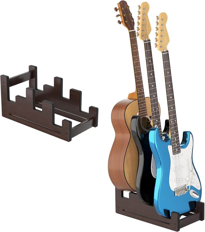 Multi Guitar Stand, 3 Holder Handmade Wood Guitar Stand Floor, Space-Saving Electric Guitar Stand, Guitar Rack for Acoustic Guitar, Electric Guitar, Bass Guitar Display (Brown) image 1