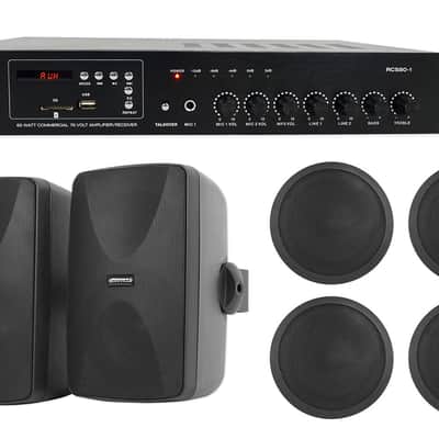 Rockville 70v Commercial/Restaurant Amplifier+2) Black Wall+4) Ceiling Speakers image 1