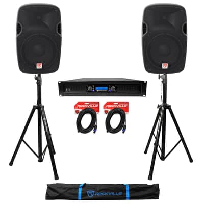 (2) Rockville SPGN128 12" 1200W DJ PA Speakers+Power Amplifier+Stands+Cables image 1