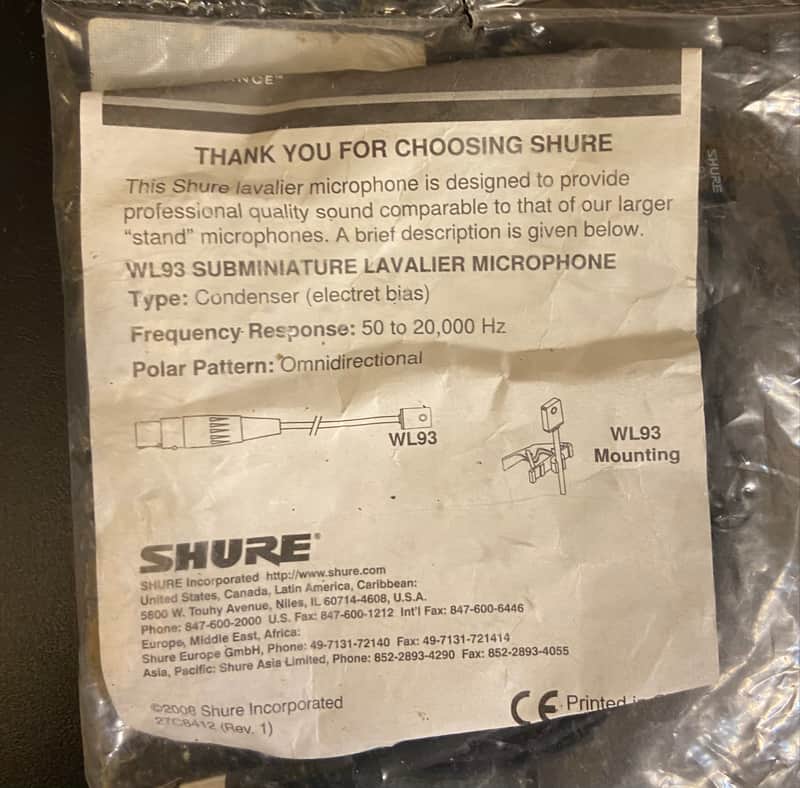 Shure WL93 Subminiature Condenser Lavalier Mic with 4' TA4F Cable 2008 - Present - Black image 1