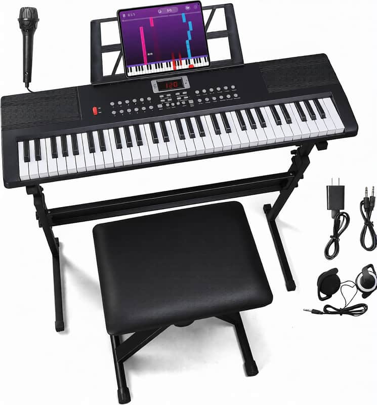 61 Key Keyboard Piano Electric Keyboard, Electric Piano Set with Headphones, Microphone, Music Rest, Power Adapter, Piano Stand, Piano Bench and Manual image 1