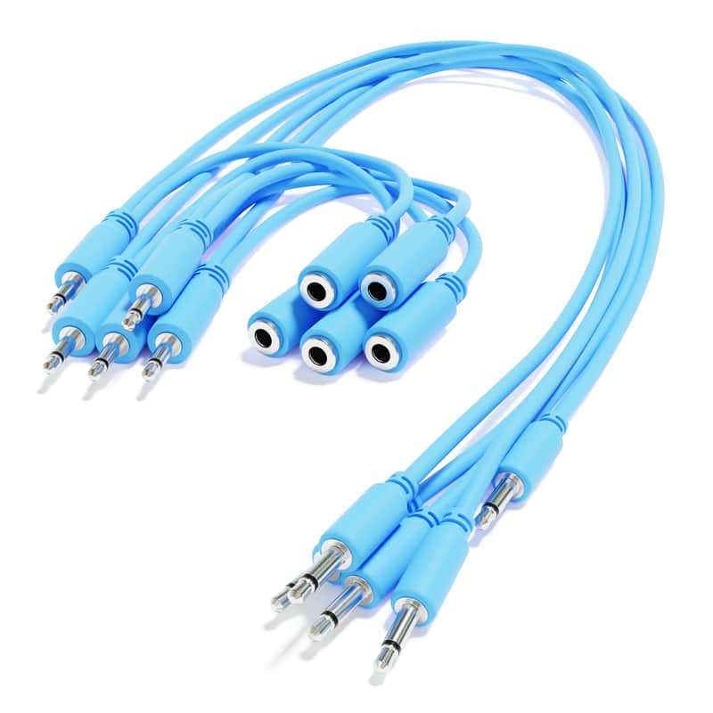 ExcelValley [Blue | 20 cm - 7.87"] 5-Pack - Hopscotch Mono Splitter Y Patch Cables TS 3.5mm 1/8" Eurorack Synth image 1