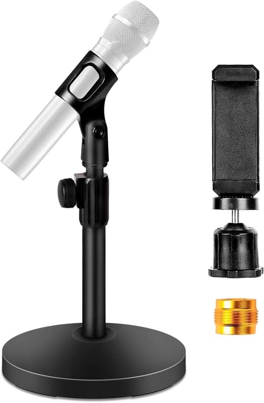 Mic Stand Desk with Microphone and Cell Phone Clip, Upgraded Weighted Base, Adjustable Height, Condenser, Podcast, Mike Accessories, 5/8" Male to 3/8" Female Metal Adapter image 1
