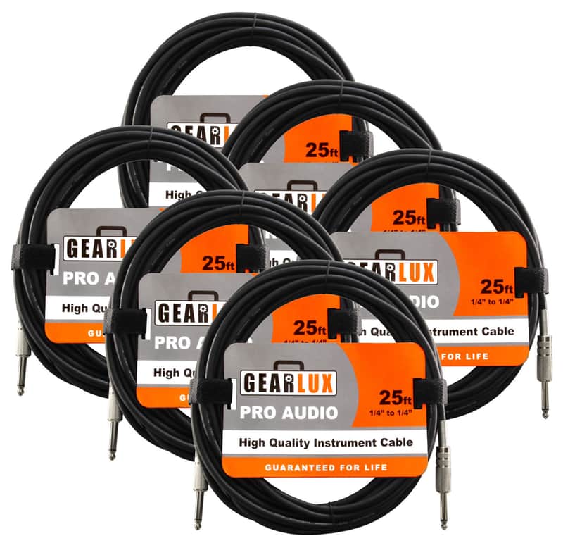 Gearlux Instrument Cable, 1/4 Inch, Straight-Straight, Black, 25 Foot - 6 Pack image 1