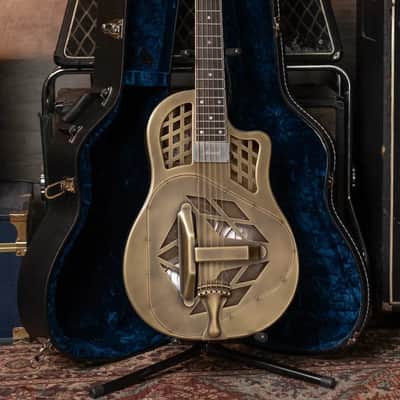 National Style 1 Baritone Tricone Resonator, Slimline Pickup - Antique Brass with Hardshell Case image 14