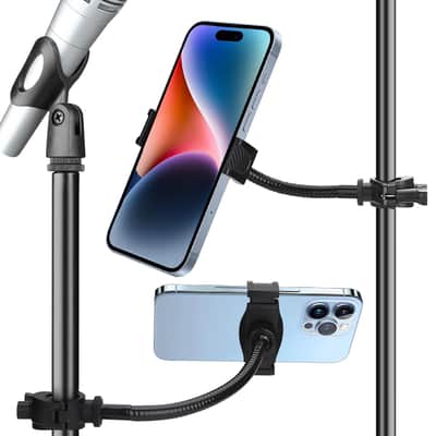 Mic Stand Phone Holder, Cell Phone Holder For Mic Stand, Adjustable Flexible Pole Phone Mount For Microphone, Music, Drum Stand, For Smartphone (Phone Holder) image 1