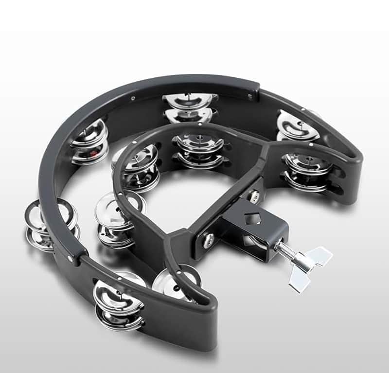 Drum Set Tambourine with Mounting Eye Bolt,Tambourine for Drum Set,Hi Hat Tambourine Double Rows of Jingles(Black) image 1