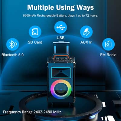 Karaoke Machine with 2 Wireless Mics, 10" Woofer 500W Peak Power Big Portable Bluetooth Speaker with Bass/Treble Adjustment, PA System with Remote Control, LED Lights, Rolling Wheels and Trolley image 3