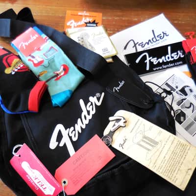 Official FENDER Gig Bag w/ MONSTER FENDER Mojo Lot 1960's-2025, Strap, Manuals, Tags, Sticker, Strings, 4 pairs FENDER SOCKS, MORE!! image 1