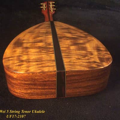 Handmade 5 String Tenor Ukulele, Solid Curly Acacia, The Islands Soundhole, Soft-bag, Bruce Wei UF17-2107 image 8