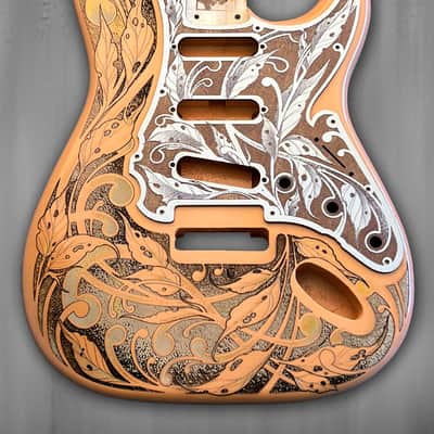 Atlantic Coral XGP Stratocaster Style Laser Engraved Guitar Body with Cherry Wood Veneer Pickguard and Tremolo Cover HSH, HSS, SSS Setups Available image 1
