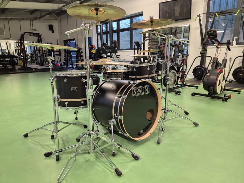 Spaun Spaun Custom 3 piece Acoustic Drumkit Mid 2010's - Matte Black with Gold Band image 1